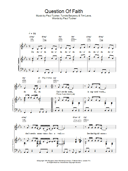 Learn to play The Lighthouse Family Question Of Faith sheet music for Piano, Vocal & Guitar Chords in minutes. Price: 7.8900$ The Lighthouse Family Question Of Faith sheet music notes and chords arranged for Piano, Vocal & Guitar Chords
