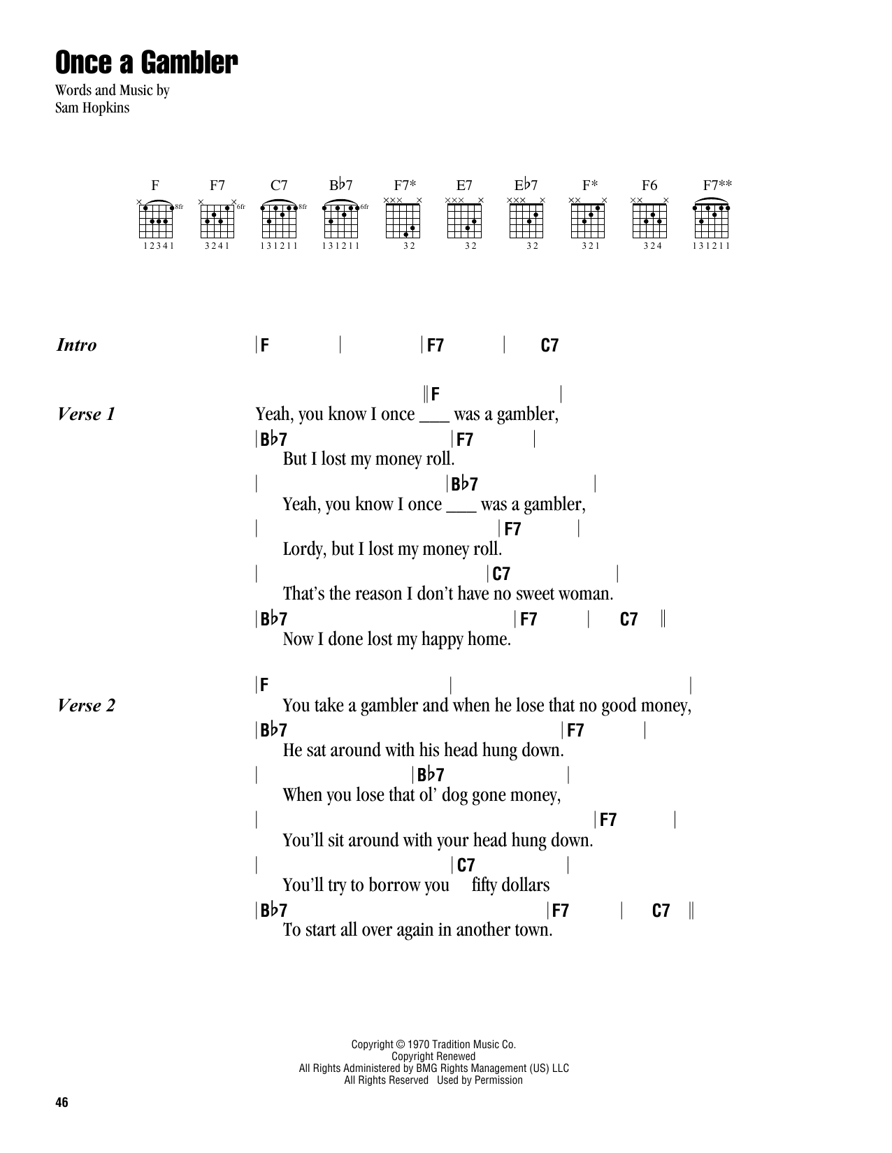 Lightnin' Hopkins Once A Gambler sheet music notes and chords. Download Printable PDF.