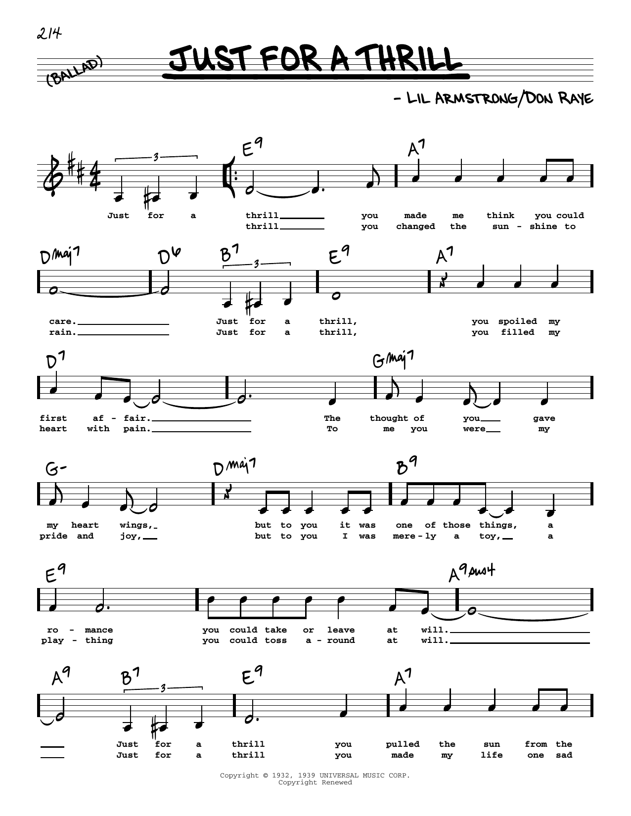 Lil Armstrong Just For A Thrill (Low Voice) sheet music notes and chords. Download Printable PDF.