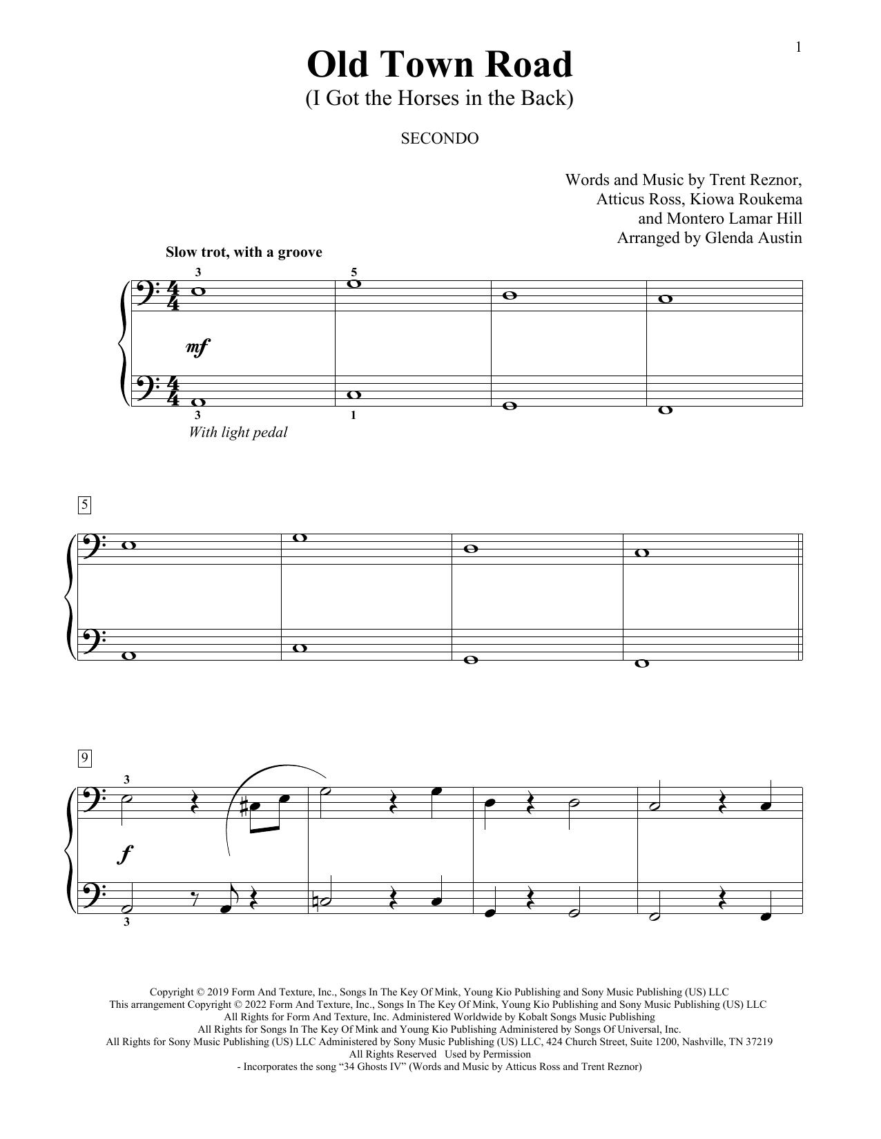 Learn to play Lil Nas X feat. Billy Ray Cyrus Old Town Road (I Got The Horses In The Back) (arr. Glenda Austin) sheet music for Piano Duet in minutes. Price: 7.8900$ Lil Nas X feat. Billy Ray Cyrus Old Town Road (I Got The Horses In The Back) (arr. Glenda Austin) sheet music notes and chords arranged for Piano Duet