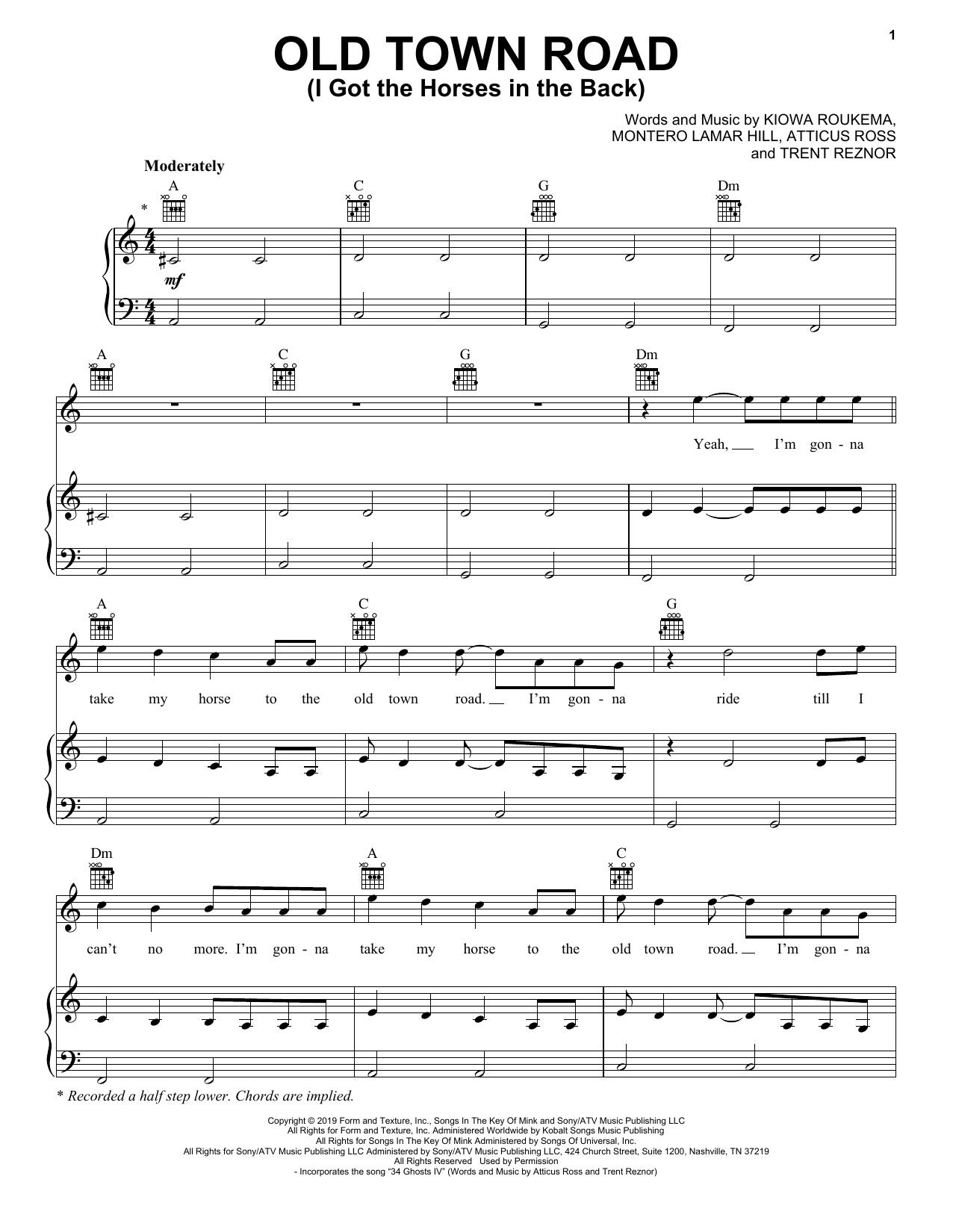 Lil Nas X Old Town Road (I Got The Horses In The Back) sheet music notes and chords. Download Printable PDF.