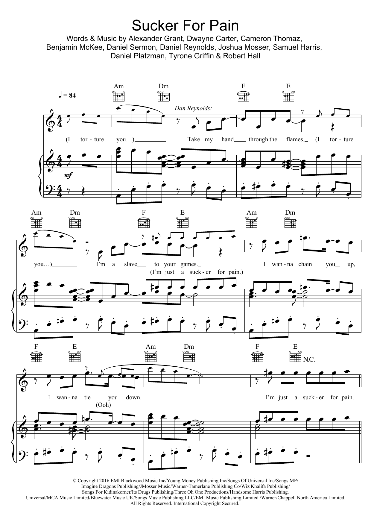 Lil Wayne, Wiz Khalifa, Imagine Dragons, Logic & Ty Dolla $ign Sucker For Pain (feat. X Ambassadors) sheet music notes and chords arranged for Piano, Vocal & Guitar Chords