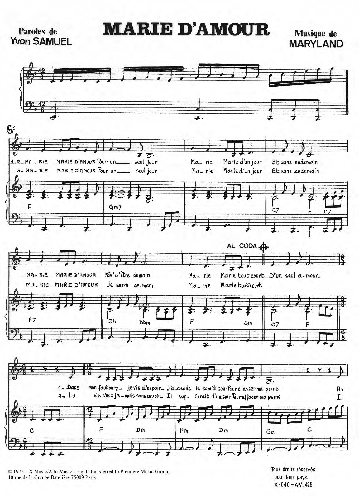 Learn to play Liliane Lancetti Marie D'Amour sheet music for Piano & Vocal in minutes. Price: 7.8900$ Liliane Lancetti Marie D'Amour sheet music notes and chords arranged for Piano & Vocal