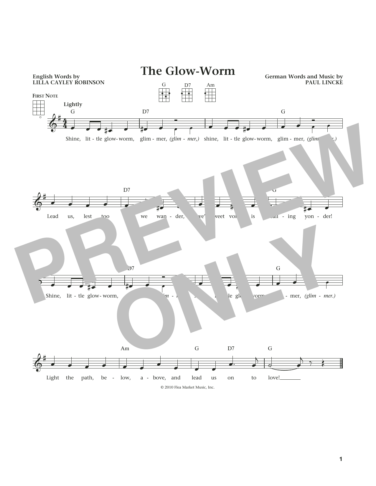 Learn to play Lilla Cayley Robinson The Glow Worm (from The Daily Ukulele) (arr. Liz and Jim Beloff) sheet music for Ukulele in minutes. Price: 5.9900$ Lilla Cayley Robinson The Glow Worm (from The Daily Ukulele) (arr. Liz and Jim Beloff) sheet music notes and chords arranged for Ukulele