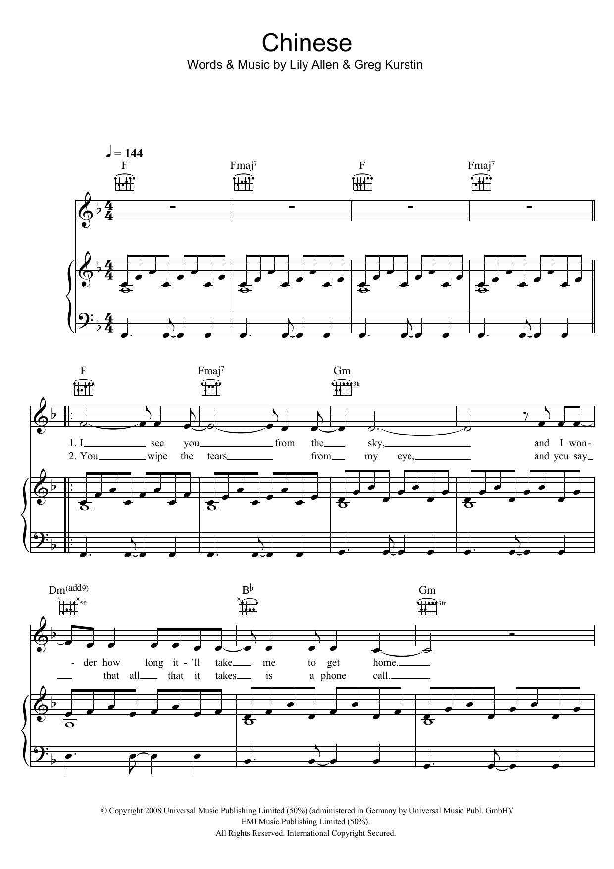 Learn to play Lily Allen Chinese sheet music for Piano, Vocal & Guitar Chords in minutes. Price: 7.8900$ Lily Allen Chinese sheet music notes and chords arranged for Piano, Vocal & Guitar Chords