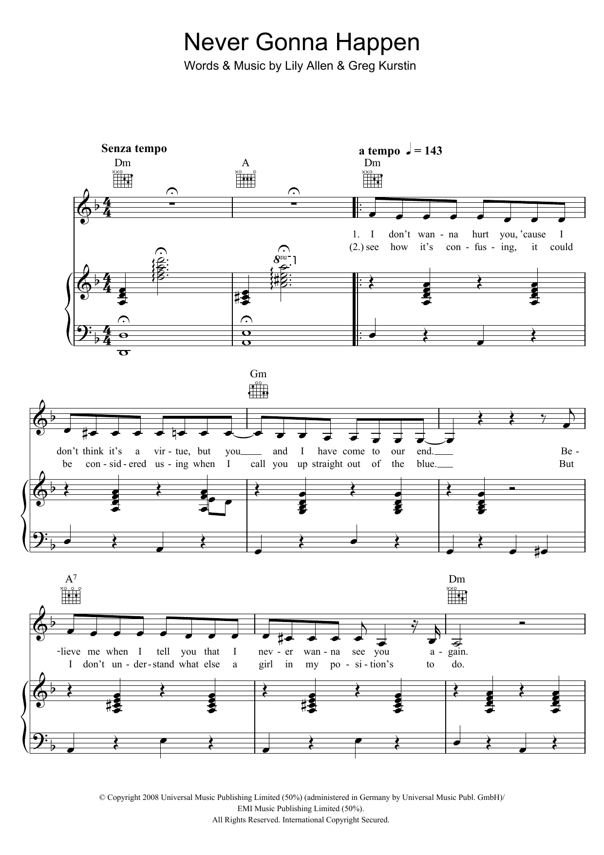 Learn to play Lily Allen Never Gonna Happen sheet music for Piano, Vocal & Guitar Chords in minutes. Price: 7.8900$ Lily Allen Never Gonna Happen sheet music notes and chords arranged for Piano, Vocal & Guitar Chords