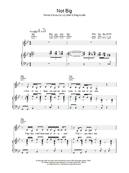 Learn to play Lily Allen Not Big sheet music for Piano, Vocal & Guitar Chords in minutes. Price: 7.8900$ Lily Allen Not Big sheet music notes and chords arranged for Piano, Vocal & Guitar Chords