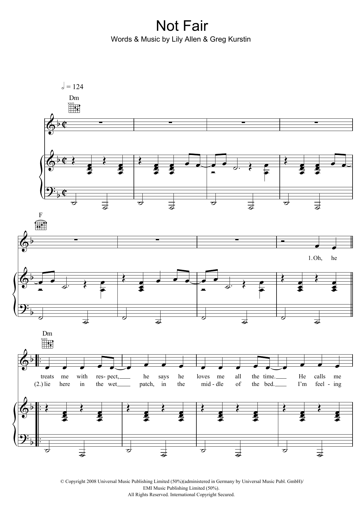 Learn to play Lily Allen Not Fair sheet music for Piano, Vocal & Guitar Chords in minutes. Price: 7.8900$ Lily Allen Not Fair sheet music notes and chords arranged for Piano, Vocal & Guitar Chords