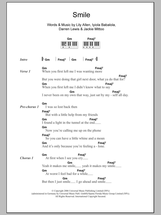 Lily Allen Smile sheet music notes and chords. Download Printable PDF.