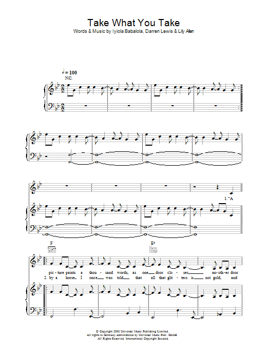Learn to play Lily Allen Take What You Take sheet music for Piano, Vocal & Guitar Chords in minutes. Price: 7.8900$ Lily Allen Take What You Take sheet music notes and chords arranged for Piano, Vocal & Guitar Chords