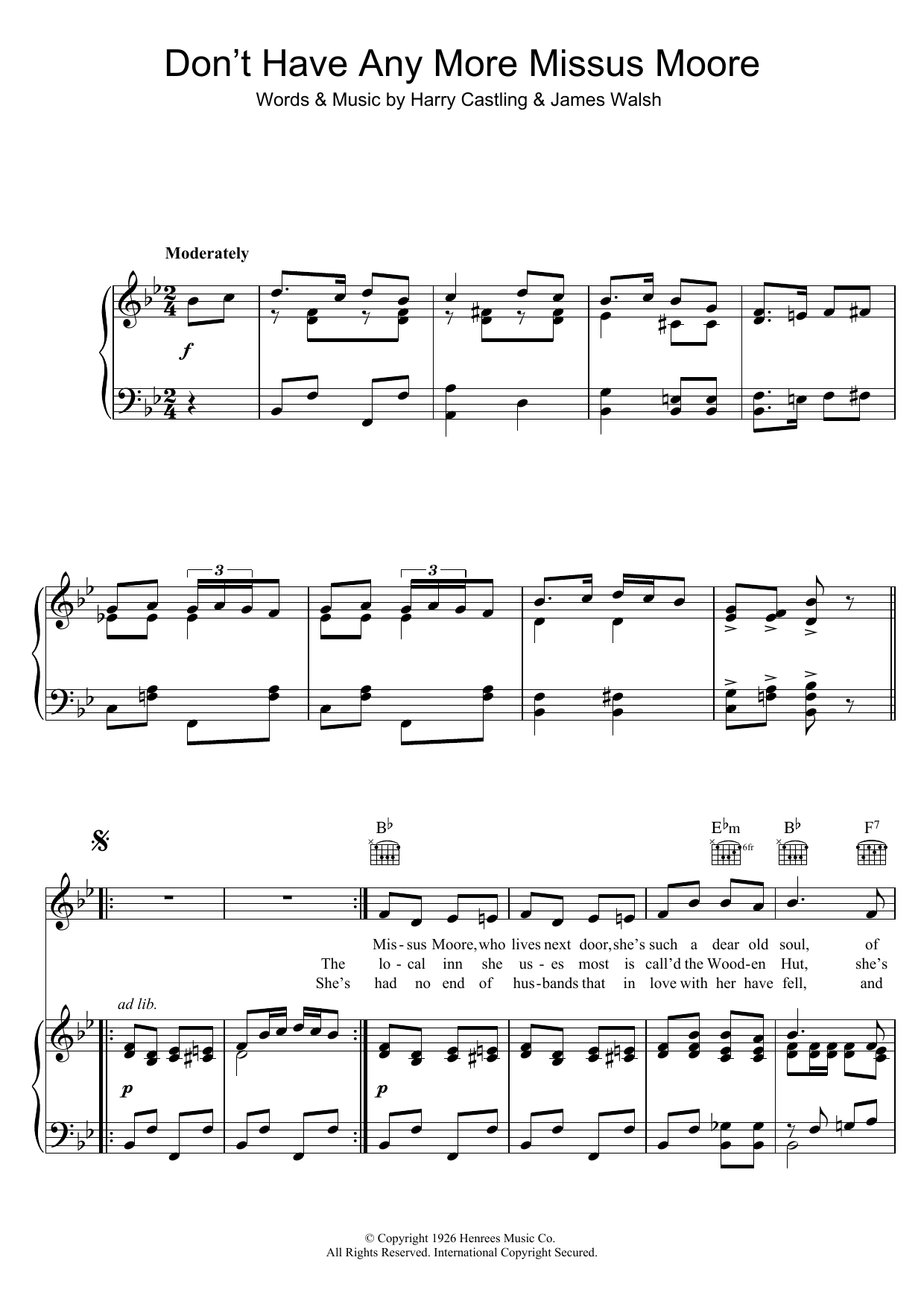 Learn to play Lily Morris Don't Have Any More Missus Moore sheet music for Piano, Vocal & Guitar Chords in minutes. Price: 7.8900$ Lily Morris Don't Have Any More Missus Moore sheet music notes and chords arranged for Piano, Vocal & Guitar Chords