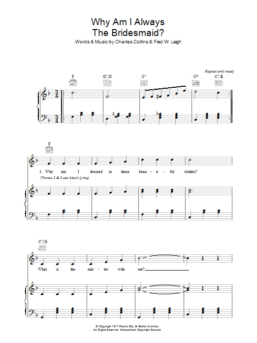 Learn to play Lily Morris Why Am I Always The Bridesmaid? sheet music for Piano, Vocal & Guitar Chords in minutes. Price: 7.8900$ Lily Morris Why Am I Always The Bridesmaid? sheet music notes and chords arranged for Piano, Vocal & Guitar Chords