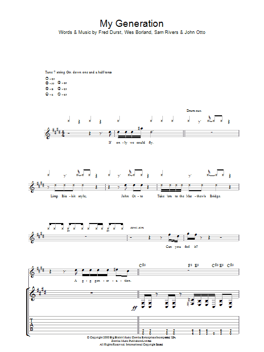 Learn to play Limp Bizkit My Generation sheet music for Guitar Tab in minutes. Price: 7.8900$ Limp Bizkit My Generation sheet music notes and chords arranged for Guitar Tab