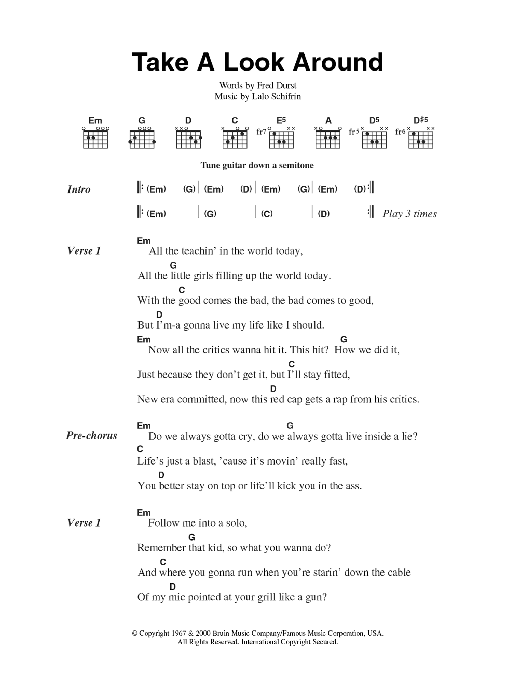 Limp Bizkit Take A Look Around (theme from Mission Impossible 2 ) sheet music notes and chords. Download Printable PDF.