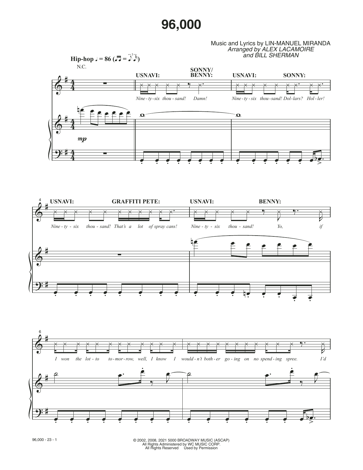 Learn to play Lin-Manuel Miranda 96,000 (from the Motion Picture In The Heights) sheet music for Piano, Vocal & Guitar Chords in minutes. Price: 7.8900$ Lin-Manuel Miranda 96,000 (from the Motion Picture In The Heights) sheet music notes and chords arranged for Piano, Vocal & Guitar Chords