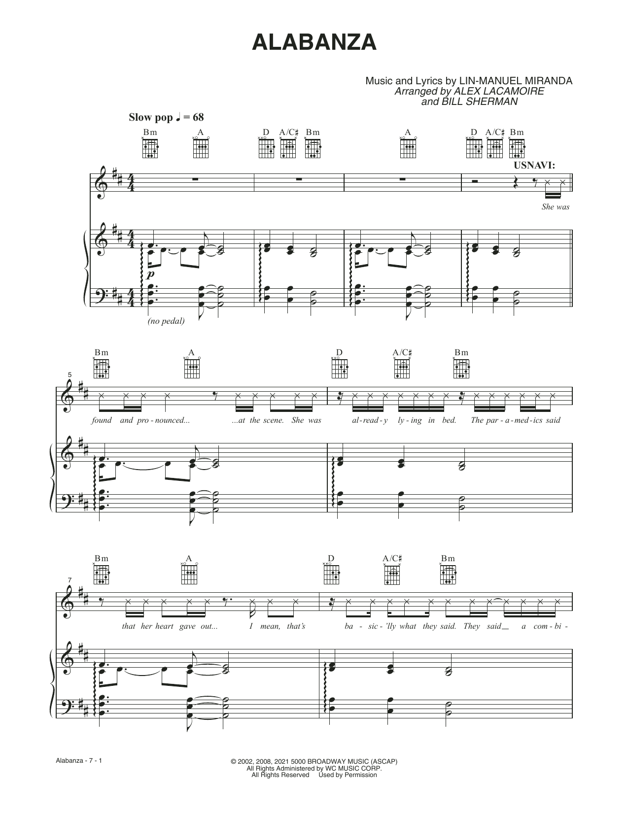 Learn to play Lin-Manuel Miranda Alabanza (from the Motion Picture In The Heights) sheet music for Piano, Vocal & Guitar Chords in minutes. Price: 7.8900$ Lin-Manuel Miranda Alabanza (from the Motion Picture In The Heights) sheet music notes and chords arranged for Piano, Vocal & Guitar Chords