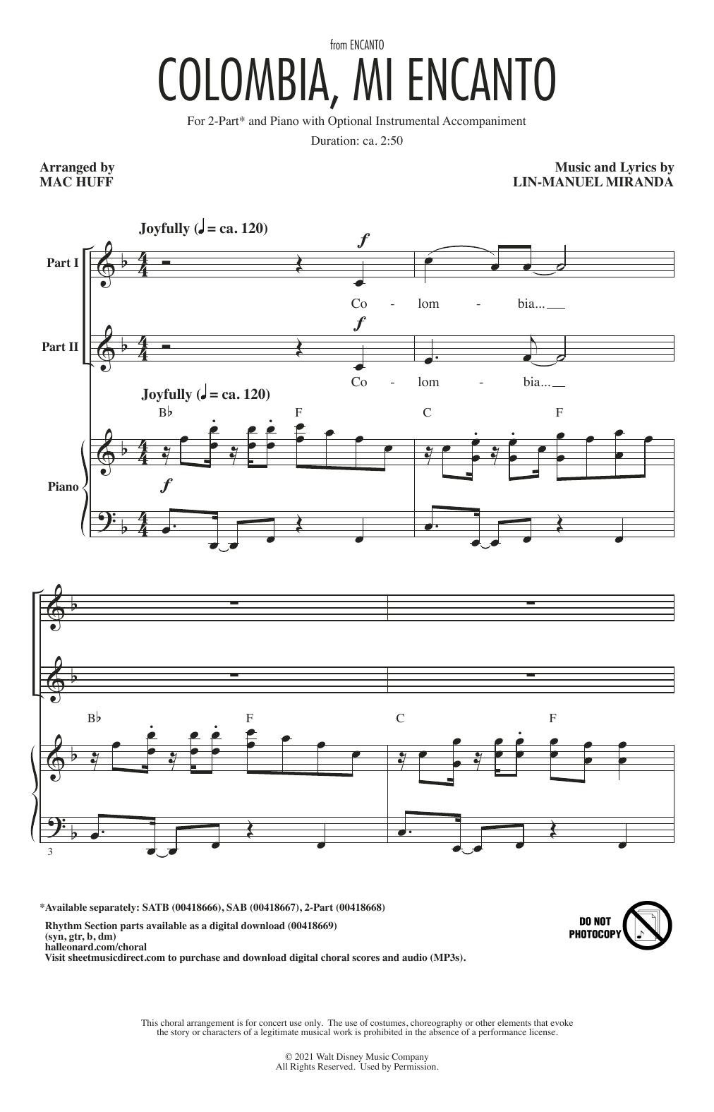 Learn to play Lin-Manuel Miranda Colombia, Mi Encanto (from Encanto) (arr. Mac Huff) sheet music for 2-Part Choir in minutes. Price: 3.9900$ Lin-Manuel Miranda Colombia, Mi Encanto (from Encanto) (arr. Mac Huff) sheet music notes and chords arranged for 2-Part Choir