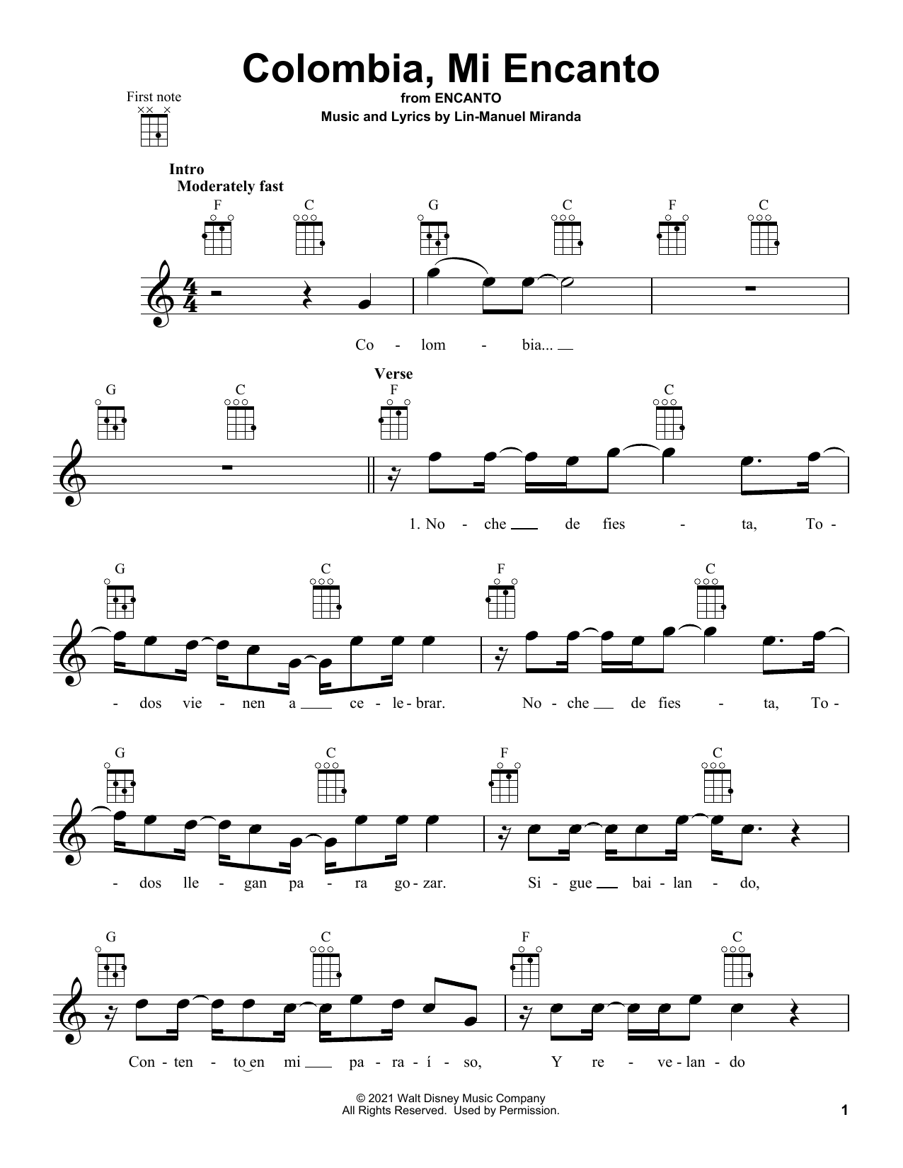 Lin-Manuel Miranda Colombia, Mi Encanto (from Encanto) sheet music notes and chords. Download Printable PDF.