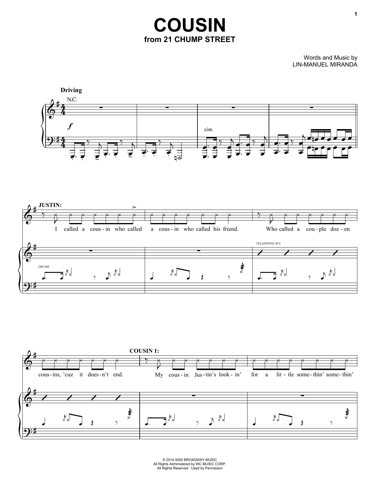 Lin-Manuel Miranda Cousin (from 21 Chump Street) sheet music notes and chords. Download Printable PDF.