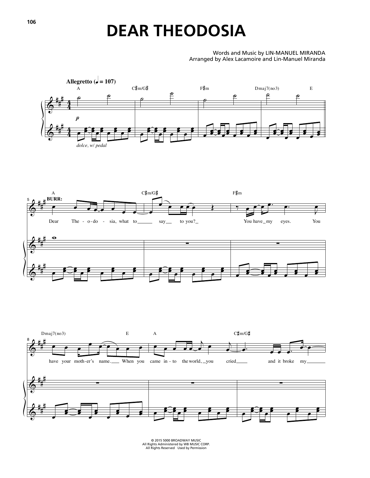 Lin-Manuel Miranda Dear Theodosia (from Hamilton) sheet music notes and chords. Download Printable PDF.