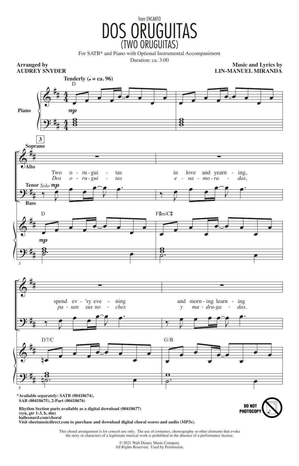 Lin-Manuel Miranda Dos Oruguitas (from Encanto) (arr. Audrey Snyder) sheet music notes and chords. Download Printable PDF.