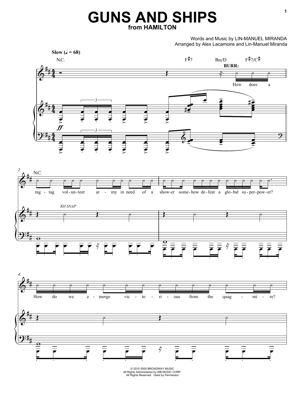 Lin-Manuel Miranda Guns And Ships (from Hamilton) sheet music notes and chords. Download Printable PDF.