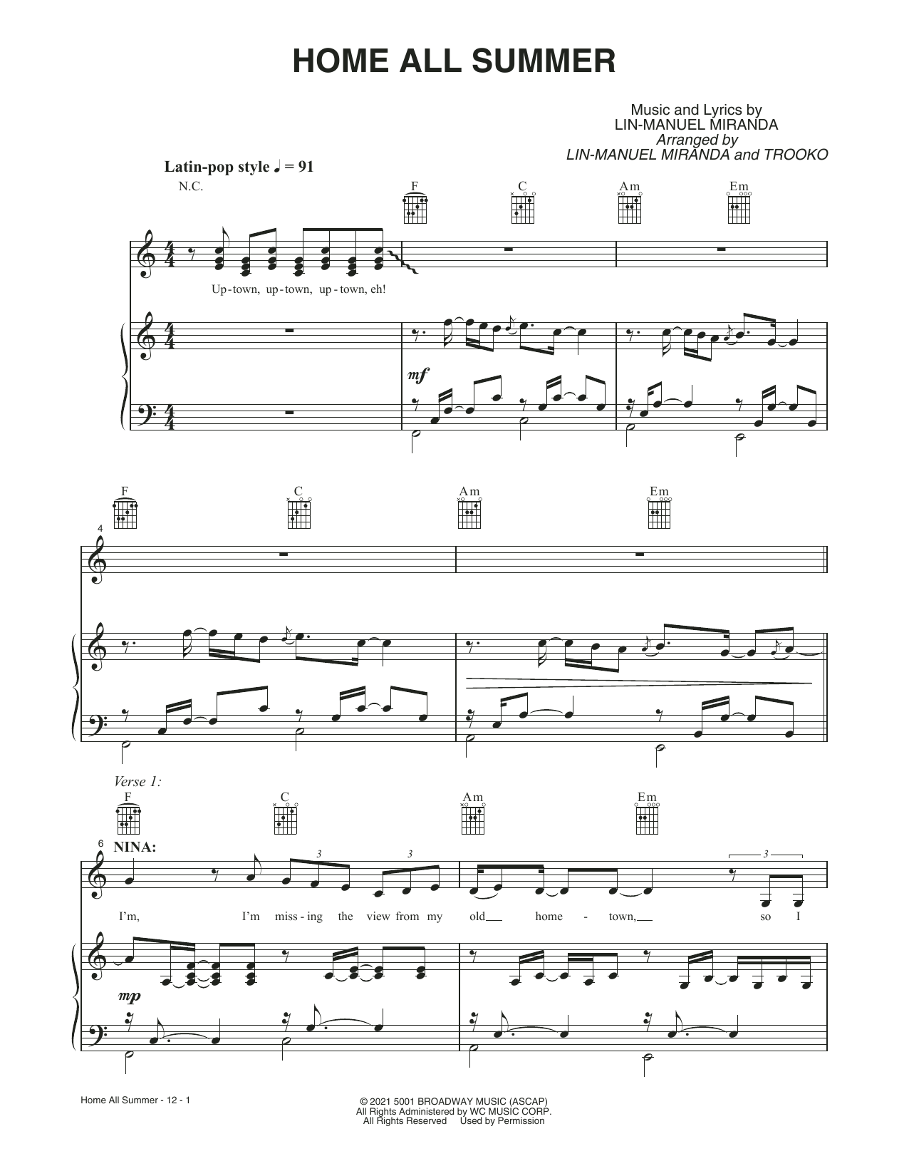 Learn to play Lin-Manuel Miranda Home All Summer (from the Motion Picture In The Heights) sheet music for Piano, Vocal & Guitar Chords in minutes. Price: 7.8900$ Lin-Manuel Miranda Home All Summer (from the Motion Picture In The Heights) sheet music notes and chords arranged for Piano, Vocal & Guitar Chords