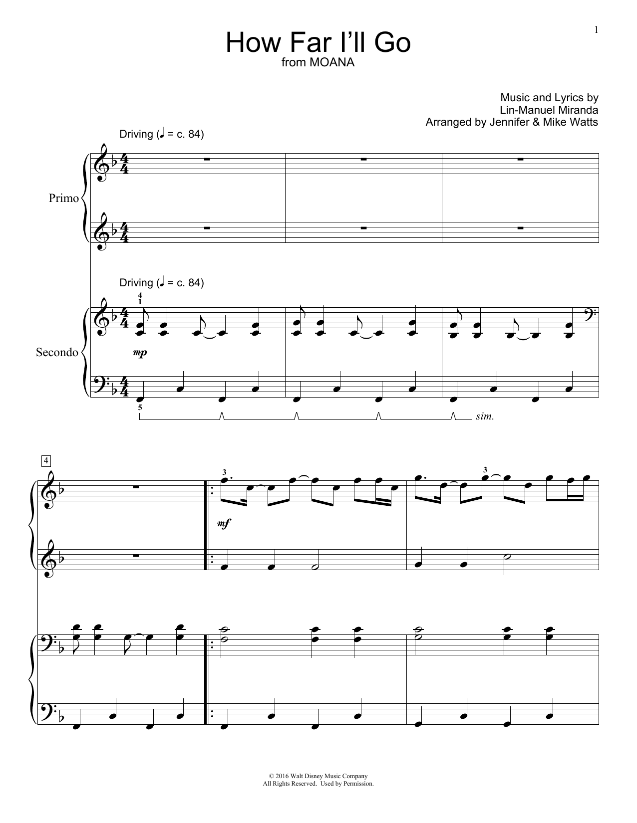 Jennifer and Mike Watts How Far I'll Go (from Moana) sheet music notes and chords. Download Printable PDF.