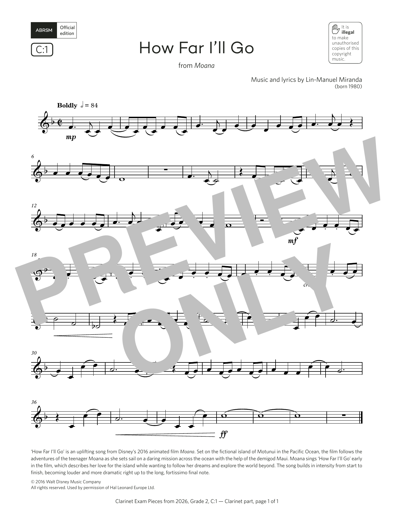 Learn to play Lin-Manuel Miranda How Far I'll Go (Grade 2, list C1, from the ABRSM Clarinet Syllabus from 2026) sheet music for Clarinet Solo in minutes. Price: 5.9900$ Lin-Manuel Miranda How Far I'll Go (Grade 2, list C1, from the ABRSM Clarinet Syllabus from 2026) sheet music notes and chords arranged for Clarinet Solo