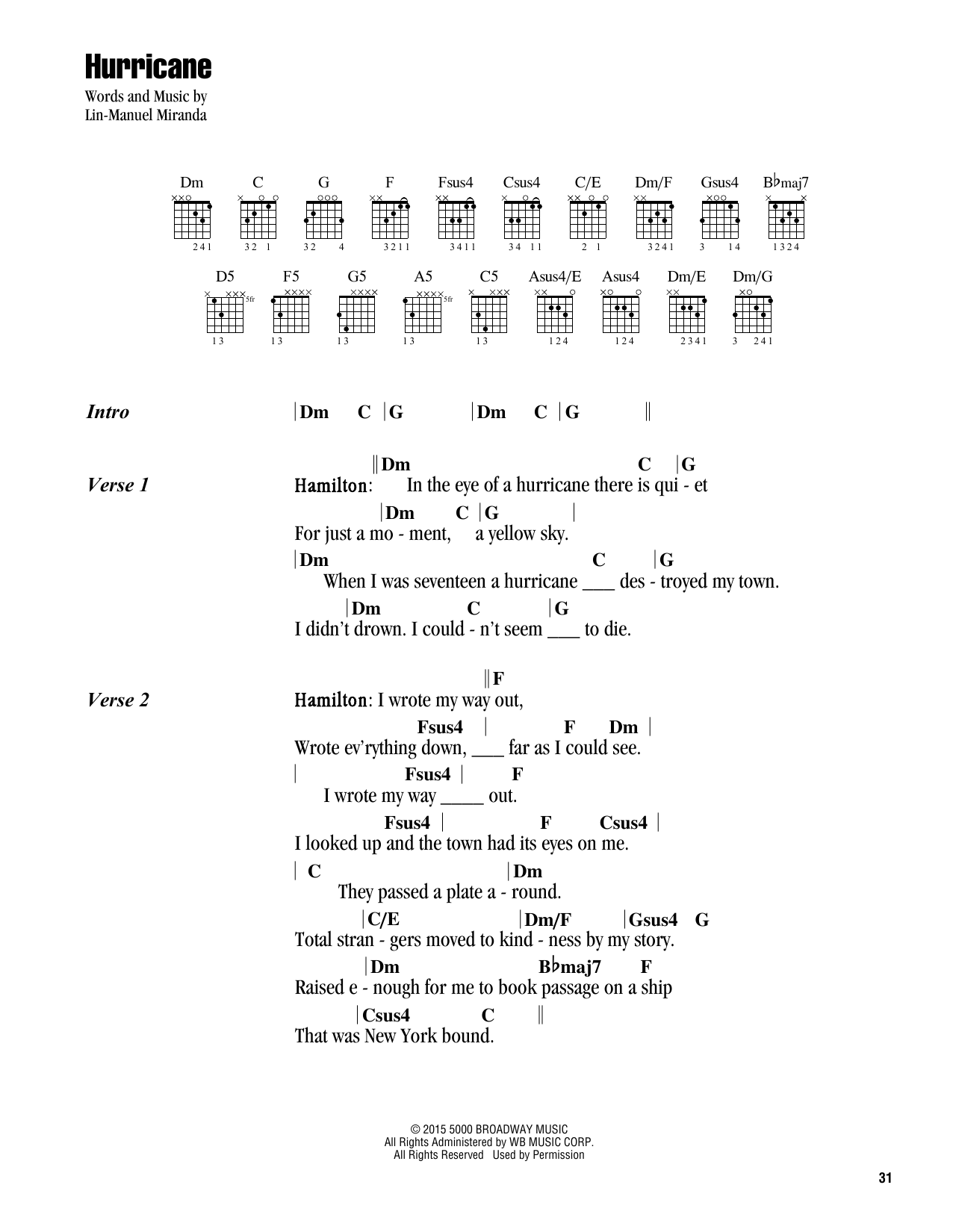 Lin-Manuel Miranda Hurricane (from Hamilton) sheet music notes and chords. Download Printable PDF.