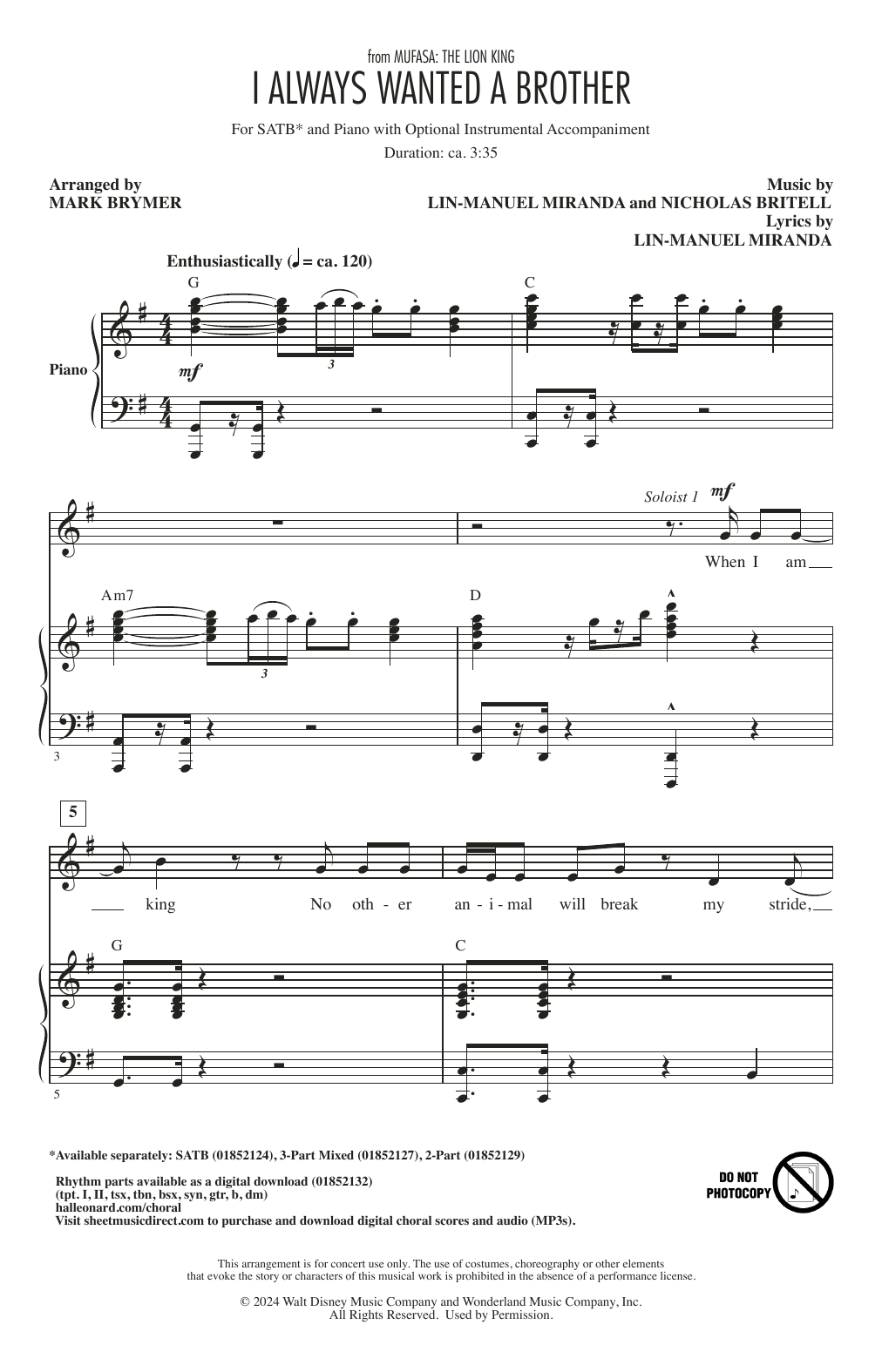Learn to play Lin-Manuel Miranda I Always Wanted A Brother (from Mufasa) (arr. Mark Brymer) sheet music for 2-Part Choir in minutes. Price: 3.9900$ Lin-Manuel Miranda I Always Wanted A Brother (from Mufasa) (arr. Mark Brymer) sheet music notes and chords arranged for 2-Part Choir