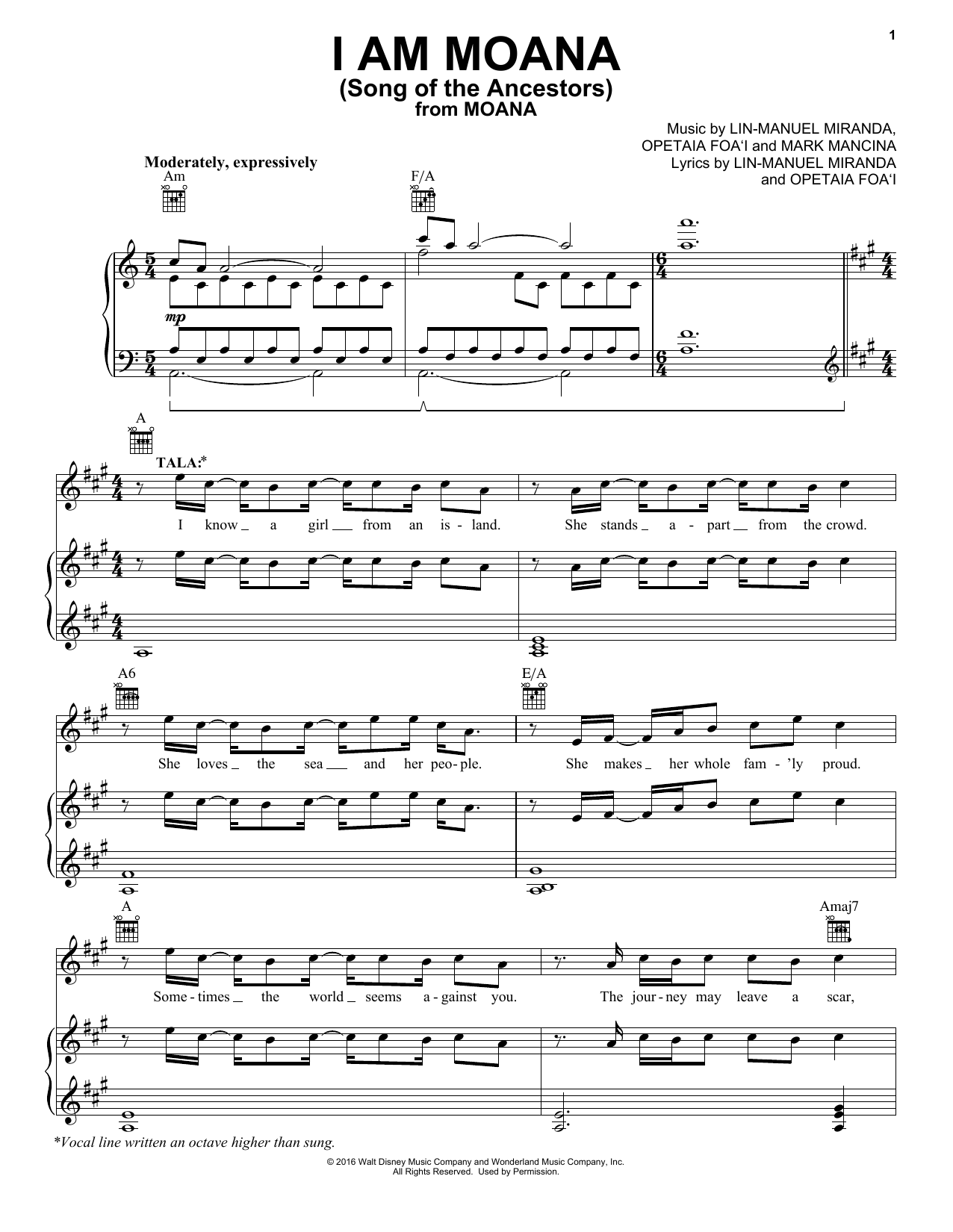 Lin-Manuel Miranda I Am Moana (Song Of The Ancestors) (from Moana) sheet music notes and chords. Download Printable PDF.