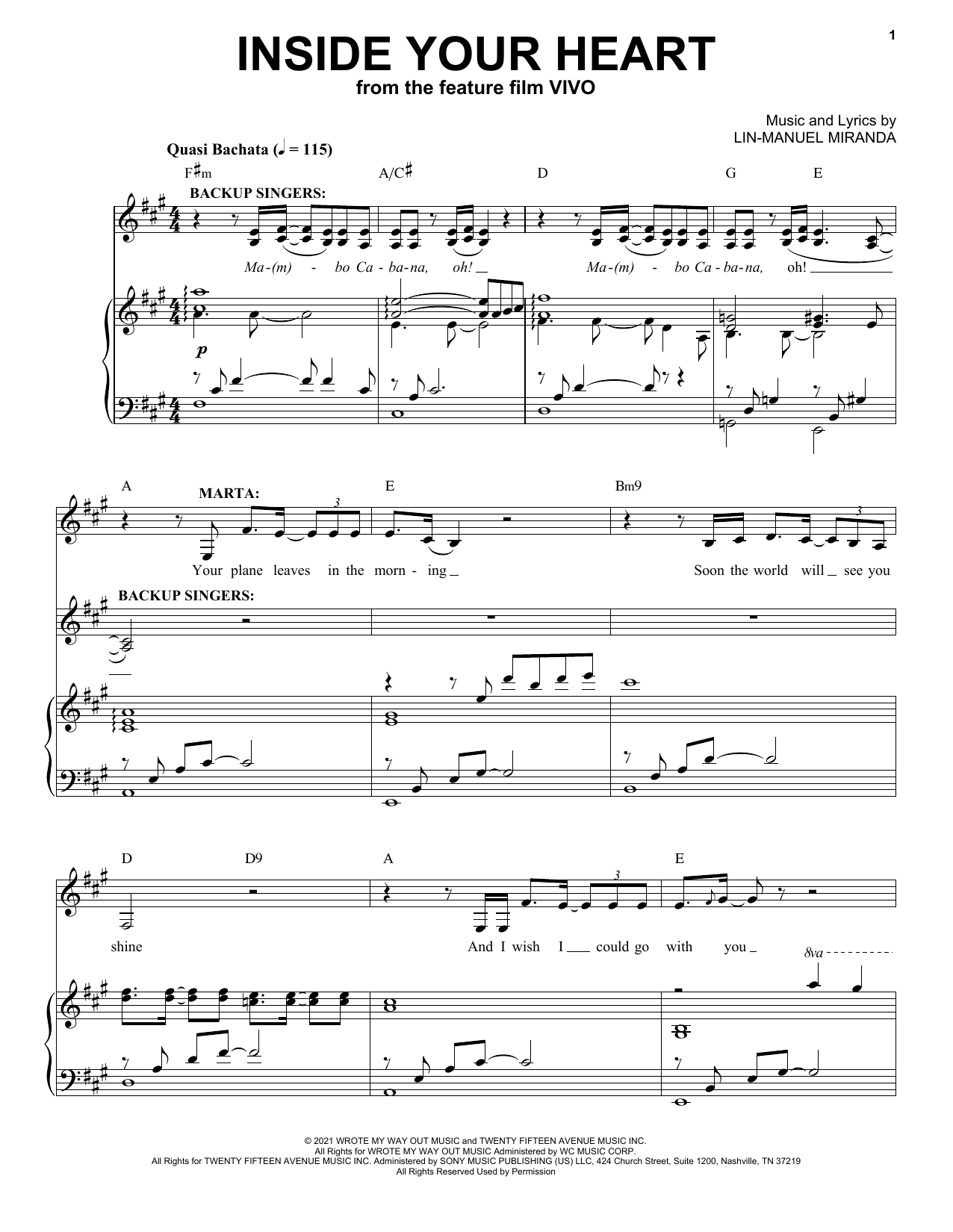 Lin-Manuel Miranda Inside Your Heart (from Vivo) sheet music notes and chords. Download Printable PDF.