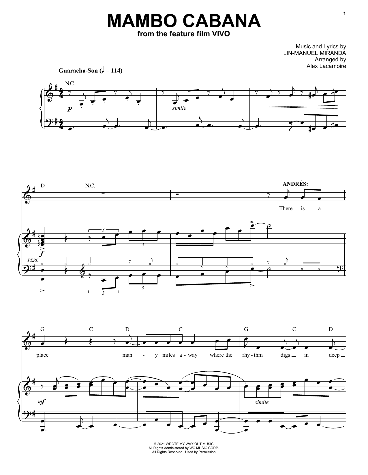 Learn to play Lin-Manuel Miranda Mambo Cabana (from Vivo) sheet music for Piano & Vocal in minutes. Price: 7.8900$ Lin-Manuel Miranda Mambo Cabana (from Vivo) sheet music notes and chords arranged for Piano & Vocal