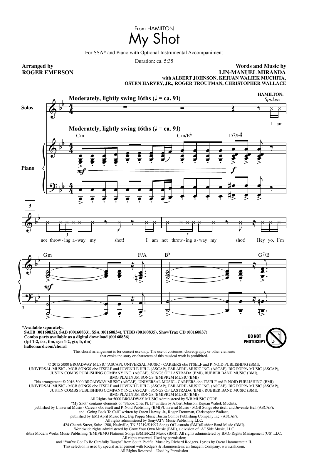 Learn to play Lin-Manuel Miranda My Shot (from Hamilton) (arr. Roger Emerson) sheet music for SATB Choir in minutes. Price: 3.9900$ Lin-Manuel Miranda My Shot (from Hamilton) (arr. Roger Emerson) sheet music notes and chords arranged for SATB Choir