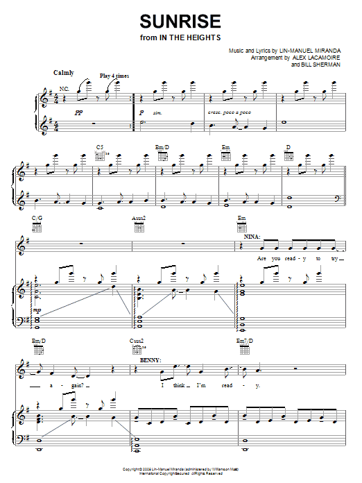 Learn to play Lin-Manuel Miranda Sunrise (from In The Heights: The Musical) sheet music for Piano, Vocal & Guitar Chords (Right-Hand Melody) in minutes. Price: 7.8900$ Lin-Manuel Miranda Sunrise (from In The Heights: The Musical) sheet music notes and chords arranged for Piano, Vocal & Guitar Chords (Right-Hand Melody)