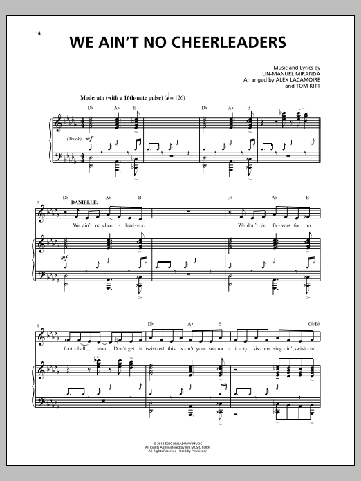 Learn to play Lin-Manuel Miranda We Ain't No Cheerleaders (from Bring It On: The Musical) sheet music for Piano & Vocal in minutes. Price: 7.8900$ Lin-Manuel Miranda We Ain't No Cheerleaders (from Bring It On: The Musical) sheet music notes and chords arranged for Piano & Vocal