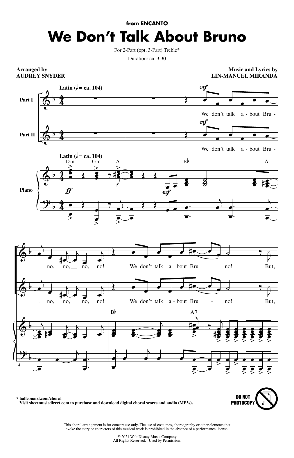 Lin-Manuel Miranda We Don't Talk About Bruno (arr. Audrey Snyder) sheet music notes and chords. Download Printable PDF.