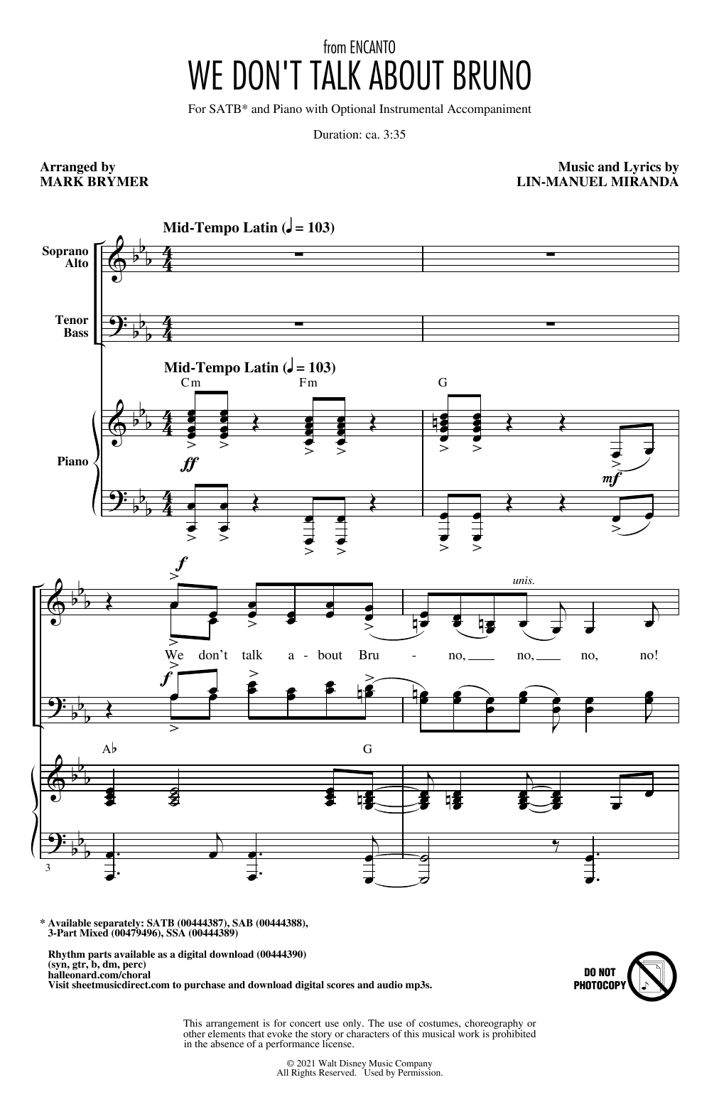 Lin-Manuel Miranda We Don't Talk About Bruno (from Encanto) (arr. Mark Brymer) sheet music notes and chords. Download Printable PDF.