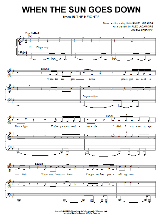 Learn to play Lin-Manuel Miranda When The Sun Goes Down (from In The Heights: The Musical) sheet music for Piano, Vocal & Guitar Chords (Right-Hand Melody) in minutes. Price: 7.8900$ Lin-Manuel Miranda When The Sun Goes Down (from In The Heights: The Musical) sheet music notes and chords arranged for Piano, Vocal & Guitar Chords (Right-Hand Melody)