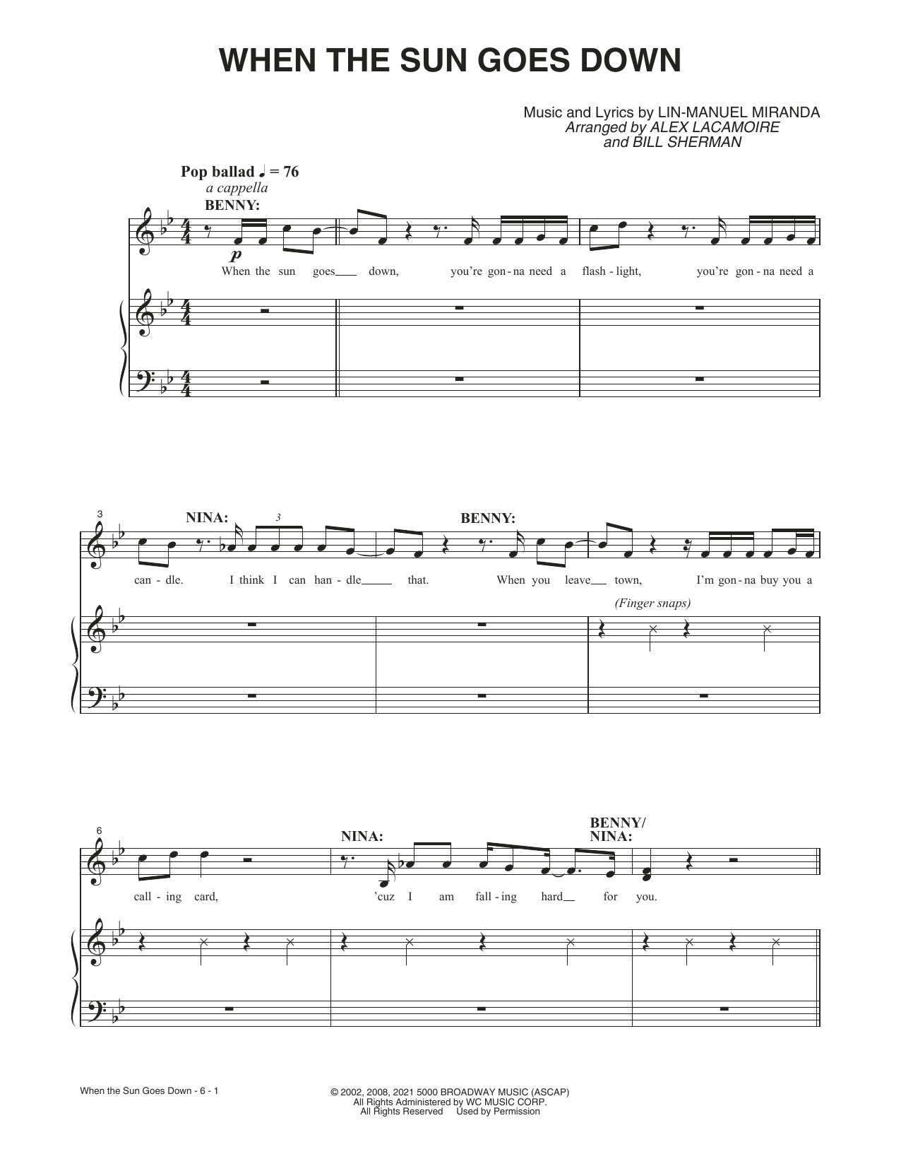 Learn to play Lin-Manuel Miranda When The Sun Goes Down (from the Motion Picture In The Heights) sheet music for Piano, Vocal & Guitar Chords in minutes. Price: 7.8900$ Lin-Manuel Miranda When The Sun Goes Down (from the Motion Picture In The Heights) sheet music notes and chords arranged for Piano, Vocal & Guitar Chords