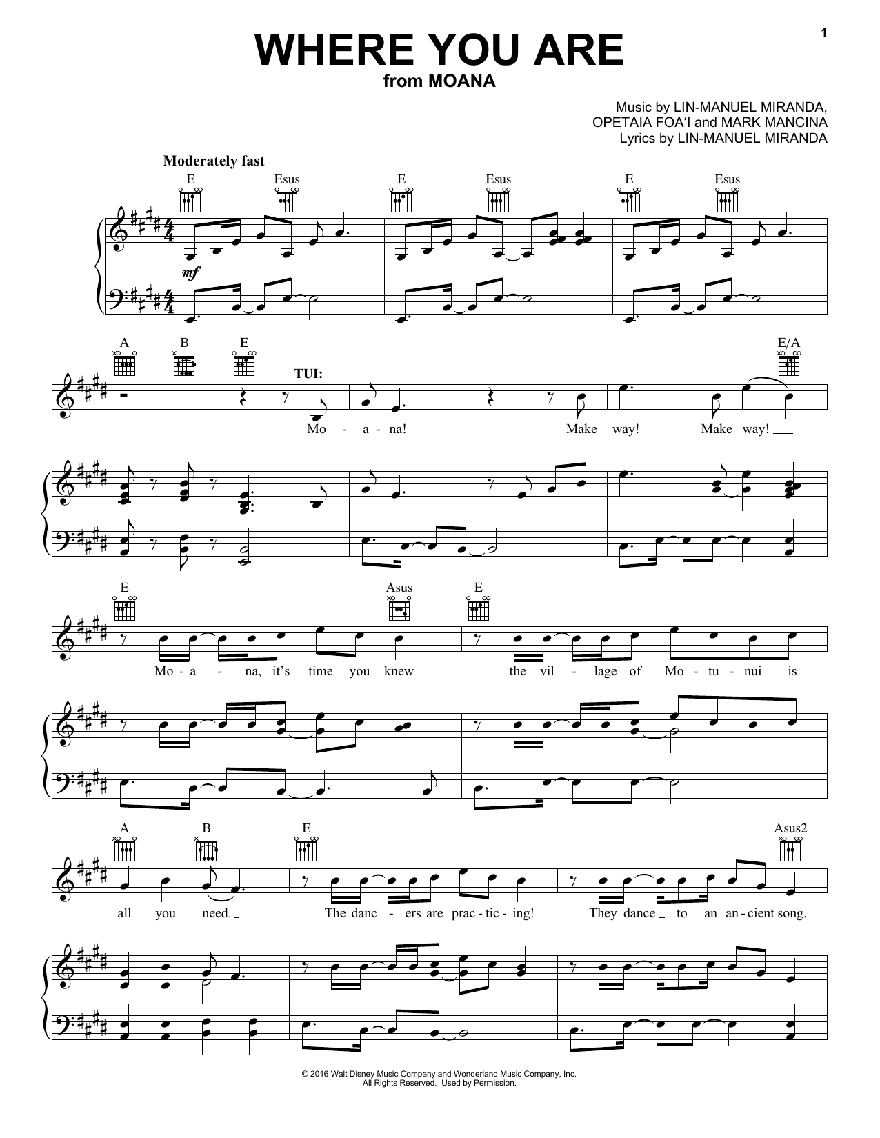 Lin-Manuel Miranda Where You Are (from Moana) sheet music notes and chords. Download Printable PDF.