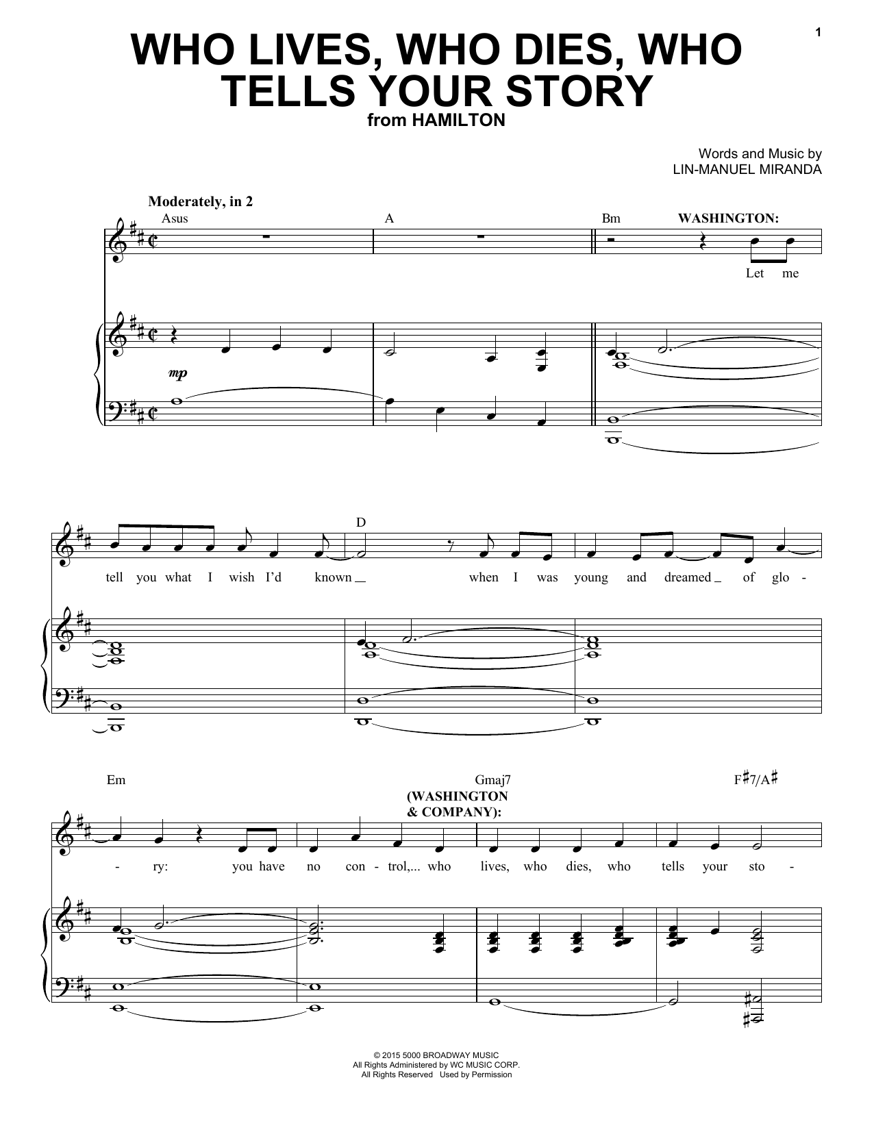 Lin-Manuel Miranda Who Lives, Who Dies, Who Tells Your Story (from Hamilton) sheet music notes and chords. Download Printable PDF.