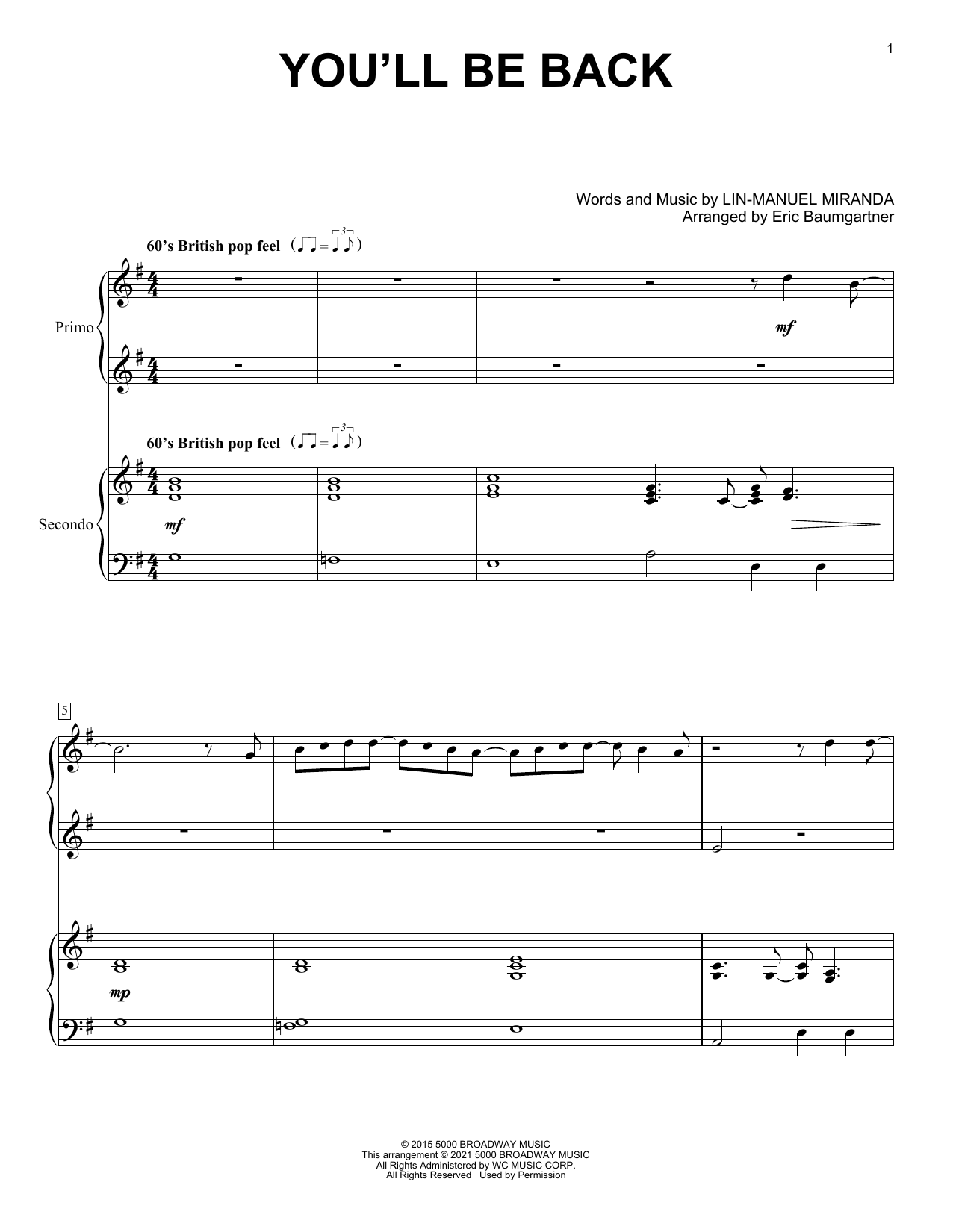 Lin-Manuel Miranda You'll Be Back (from Hamilton) (arr. Eric Baumgartner) sheet music notes and chords. Download Printable PDF.