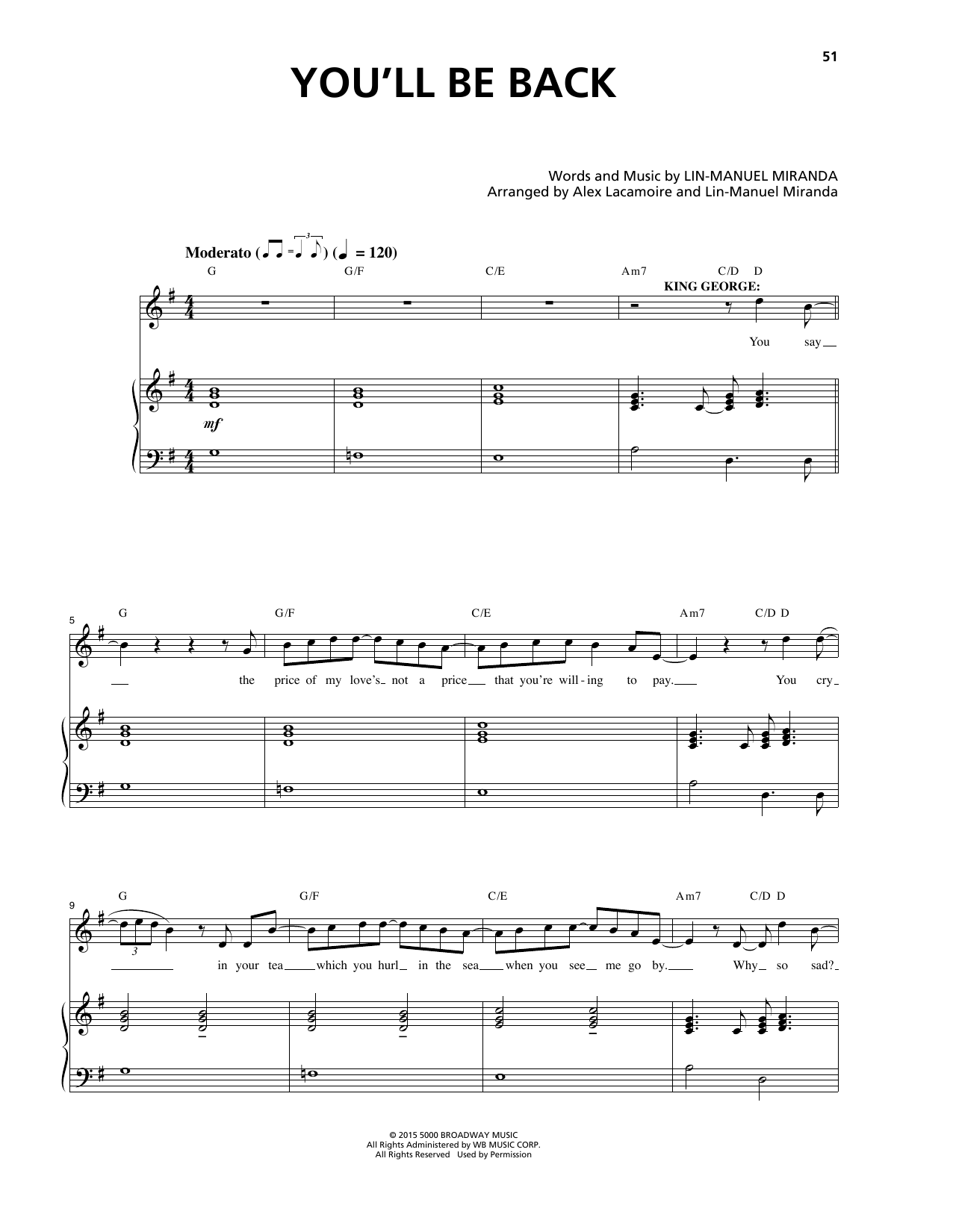 Lin-Manuel Miranda You'll Be Back (from Hamilton) sheet music notes and chords. Download Printable PDF.