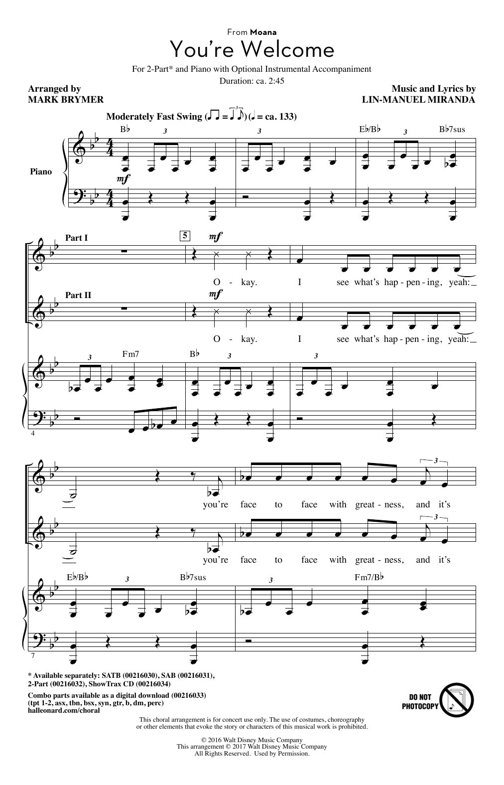 Lin-Manuel Miranda You're Welcome (from Moana) (arr. Mark Brymer) sheet music notes and chords arranged for 2-Part Choir