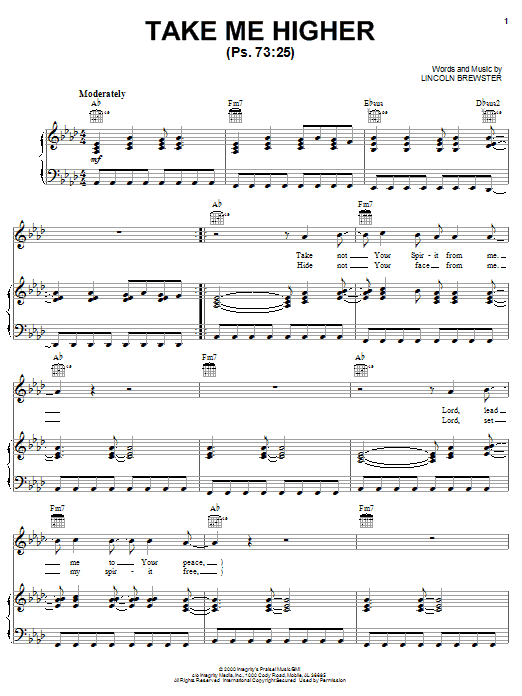 Learn to play Lincoln Brewster Take Me Higher sheet music for Piano, Vocal & Guitar Chords (Right-Hand Melody) in minutes. Price: 7.8900$ Lincoln Brewster Take Me Higher sheet music notes and chords arranged for Piano, Vocal & Guitar Chords (Right-Hand Melody)