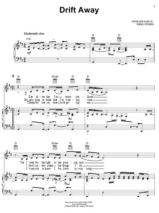 Learn to play Linda Eder Drift Away sheet music for Piano, Vocal & Guitar Chords (Right-Hand Melody) in minutes. Price: 7.8900$ Linda Eder Drift Away sheet music notes and chords arranged for Piano, Vocal & Guitar Chords (Right-Hand Melody)