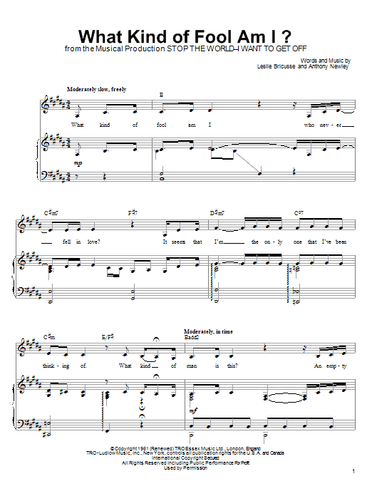 Learn to play Linda Eder What Kind Of Fool Am I? sheet music for Piano, Vocal & Guitar Chords (Right-Hand Melody) in minutes. Price: 7.8900$ Linda Eder What Kind Of Fool Am I? sheet music notes and chords arranged for Piano, Vocal & Guitar Chords (Right-Hand Melody)