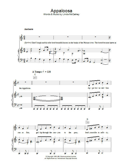 Learn to play Linda McCartney Appaloosa sheet music for Piano, Vocal & Guitar Chords in minutes. Price: 7.8900$ Linda McCartney Appaloosa sheet music notes and chords arranged for Piano, Vocal & Guitar Chords